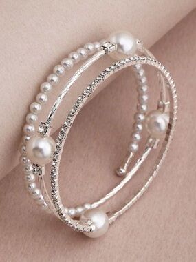 Silver Pearl & Crystal Multi‑Row Bangle Bracelet